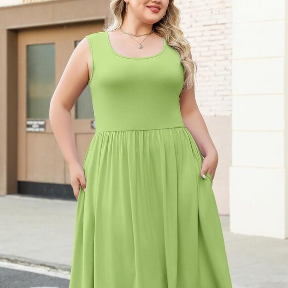Plus Size Summer Dress Women Square Neck Sleeveless Ruffle Hem Aline Midi - Picture 5 of 7